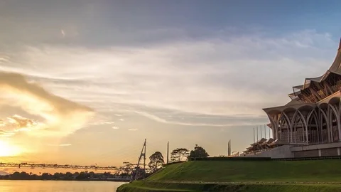 SARAWAK STATE LEGISLATIVE ASSEMBLY SUNSET PANNING AND ZOOM OUT TIMELAPSE 4K Stock Footage 79381985