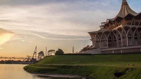 SARAWAK STATE LEGISLATIVE ASSEMBLY SUNSET ZOOM OUT TIMELAPSE 4K Stock Footage 79382040