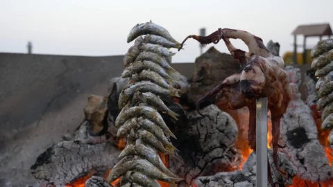 Sardines and octopus in a stick in front of the fire being cooked Stock Footage 112744107