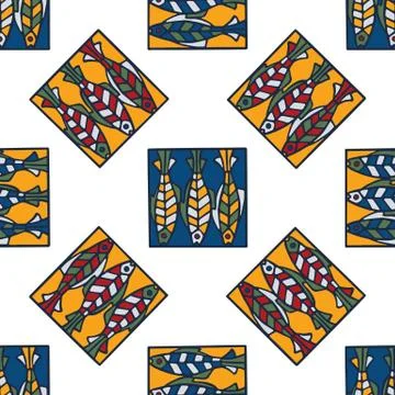 Sardines Fish Seamless Vector Pattern. Grilled Fishes BBQ Motif for Lisbon St Stock Illustration