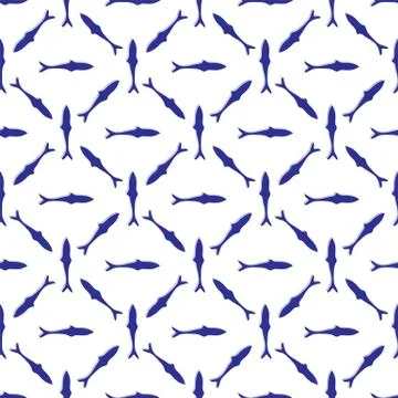 Sardines Fish Tile Seamless Vector Pattern. Blue White Azulejos Motif for Lisbon Stock Illustration