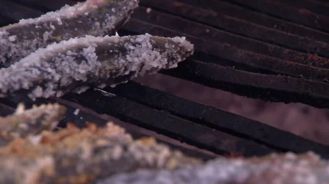 Sardines roasting on coal Stock Footage 51952568
