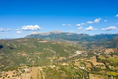 Sardinian mountain range and patchwork countryside 스톡 사진