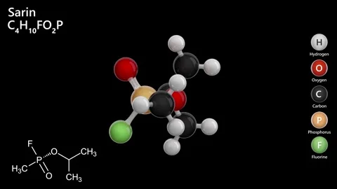 Sarin. Chemical weapon. 3D model of a molecule. Black background. 3D render Stock Footage 290516196