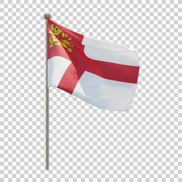 Sark 3d illustration flag on pole. Wood flagpole Stock Illustration