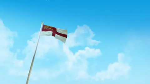 Sark Flag 3D Render Animation with Fighter Jets Formation in Blue Sky Stock Footage 332310684