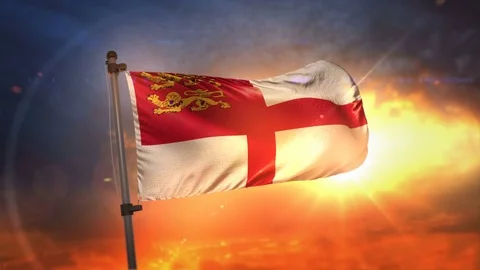 Sark Flag Backlit At Beautiful Sunrise Loop Slow Motion 4K Stock Footage 76812637