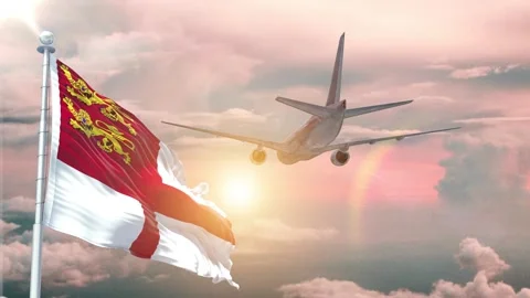 Sark flag Waving Realistic With Sky Plane Takes Off At Sunrise Stock Footage 295290528