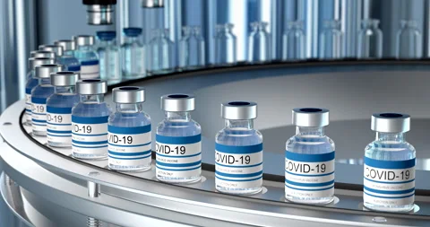 SARS-COV-2 COVID-19 Mass production of coronavirus vaccine, a machine pours the Video stock 157982901