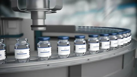 SARS-COV-2 COVID-19 Coronavirus Vaccine Mass Production in Laboratory, Bottles w Stock Footage 166966242