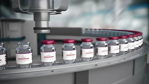 SARS-COV-2 COVID-19 Coronavirus Vaccine Mass Production in Laboratory, Bottles w Stock Footage 166966411