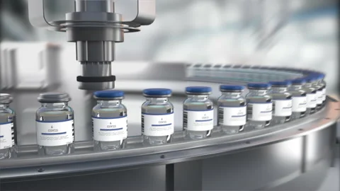SARS-COV-2 COVID-19 Coronavirus vaccine mass production. Glass bottles vials pas Stock Footage 167022359