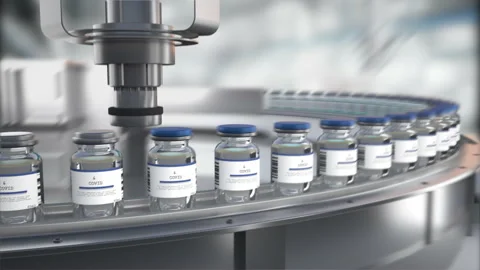 SARS-COV-2 COVID-19 Coronavirus vaccine mass production. Glass bottles vials pas Stock Footage 167024008