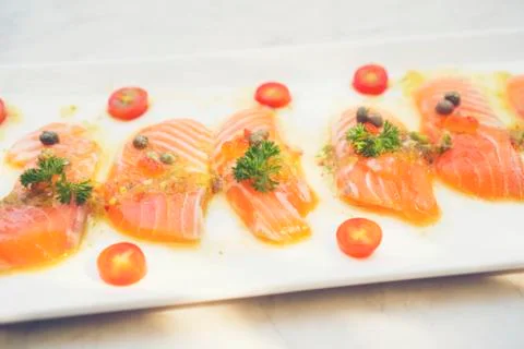 Sashimi salmon set, raw fish, japanese food.(Selective focus) Stock Photos