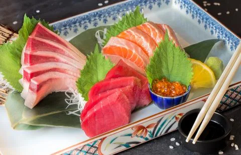Sashimi set of hamachi, salmon, tuna and salmon eggs Stock Photos