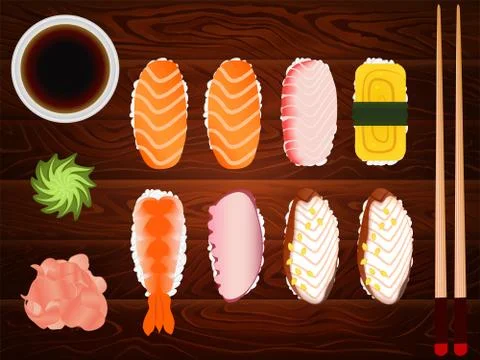 SASHIMI SET SOY SAUSE GINGER CHOPSTICKS Stock-Illustration