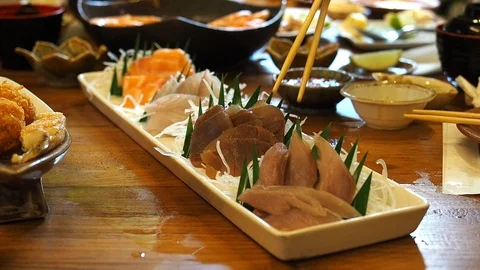 Sashimi set, various raw fish in traditional Japanese food style. Stock Footage 93034485