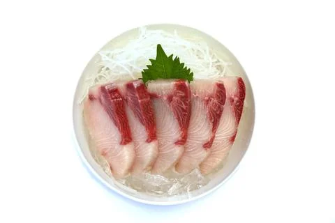 Sashimi, sliced hamachi, placed on ice in a bowl. Stock Photos