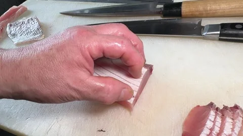 Sashimi Slicing: Japanese Chef Cutting Seared Marlin With Yanagiba Knife Stock Footage 344129634