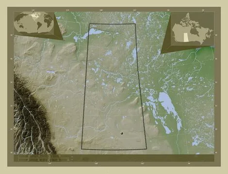 Saskatchewan, Canada. Elevation map colored in wiki style with lakes and rive Stock Illustration