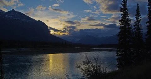 The Saskatchewan River at sunset, Banff and Jasper National Parks, Canada Stock Footage 86131170