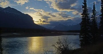The Saskatchewan River at sunset, Banff and Jasper National Parks, Canada Stock Footage 86134138