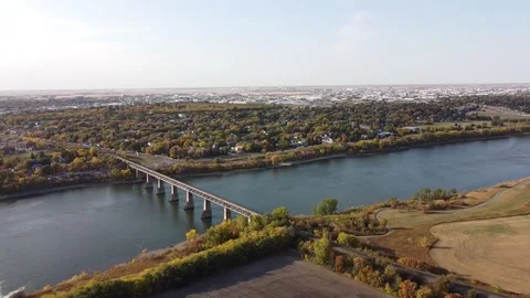 Saskatoon City with River and Fields Stock Footage 140977619