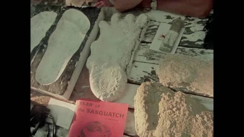 Sasquatch footprints displayed on table, 1970s Video stock 260258676