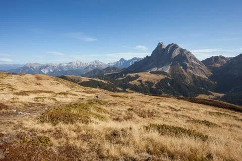 Sass de Putia mount over a pasture in Dolomites at evening Stock Photos