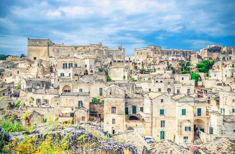 Sassi di Matera panoramic view of historical centre Sasso Caveoso of old ancient Stock Photos
