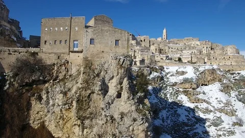 Sassi of Matera filled with snow from San pietro Video stock 106069161