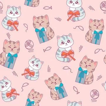 Сat with gift сute pattern seamless. Happy kitten with stripes holding Stock Illustration