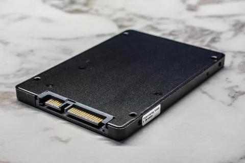 SATA SSD solid state drive shown from above, isolated on a white background,  스톡 사진