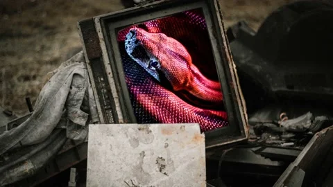 Satan evil serpent on old tv set  Loopable Stock Footage 163655675