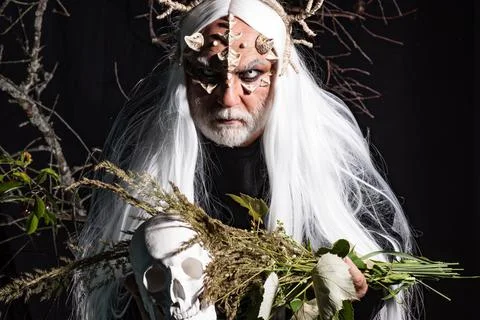Satan on Hell. Bearded old man dressed like Halloween monster. Man evil with Stock Photos