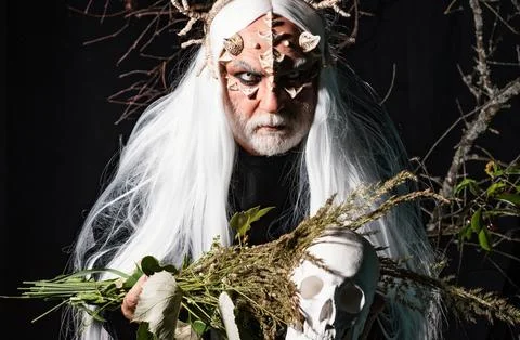 Satan on Hell. Bearded old man dressed like Halloween monster. Man evil with Foto stock