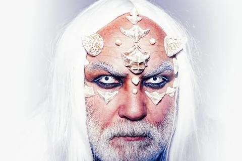 Satan on Hell. Monster with sharp thorns and warts on face. Mysterious warrior Foto stock