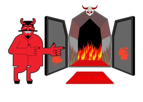 Satan invites sinners to hell. Devil indicates hand on purgatory. Laughing Re Stock Illustration