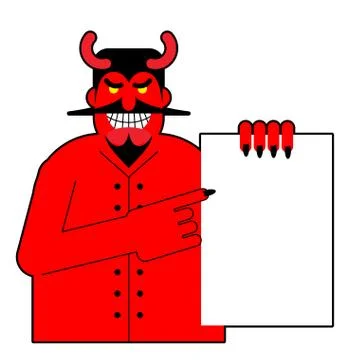 Satan keeps white blank sheet of paper. Devil and  document. Red horned Lucif イラスト素材