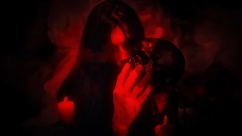 Satanic Man Black Magic Skull Under Red Smoke, Loop Ready Stock Footage 123713915