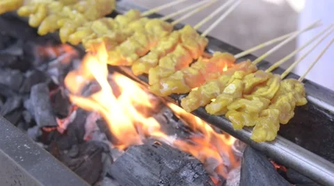 Satay chicken on grill Stock Footage 42781033