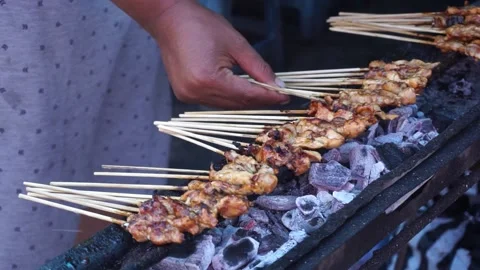 Satay on fire with smoke and an appetizing look. 库存影片 204048883