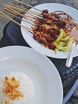 Satay with rice Stock Photos