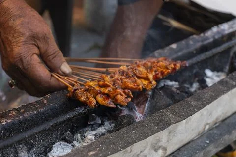Sate or Chicken satay, rabbit, lamb satay grilled on burning charcoal and c.. 스톡 사진