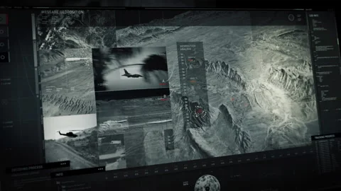Satellite analysis system has detected enemy base location on a map of the area Stock Footage 273745751