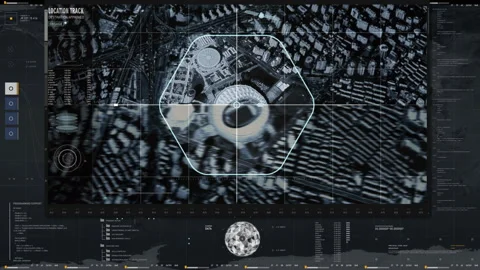 Satellite analysis system has found the target on a modern olympic stadium Stock Footage 164773792