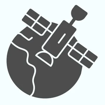 Satellite and Earth solid icon. Space communication system broadcasting under Ilustración de archivo