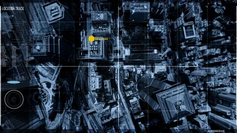 Satellite and Surveillance Camera Interface Screen Scanning City Map, Close Up Stock Footage