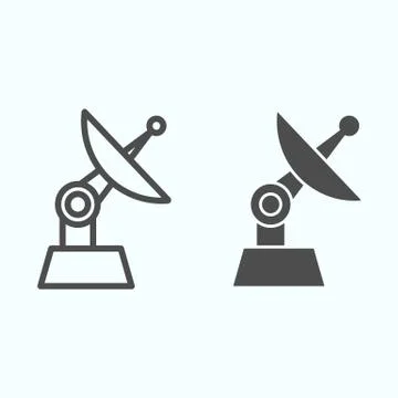 Satellite antenna line and solid icon. Space communication dish system Ilustración de archivo