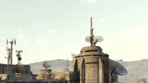 Satellite array on a weathered building in a remote location 库存影片 344110749